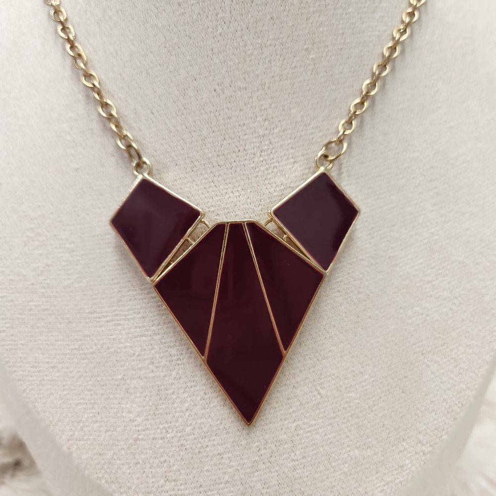 Art Deco Revival Necklace in Gold with Maroon Geometric Shapes